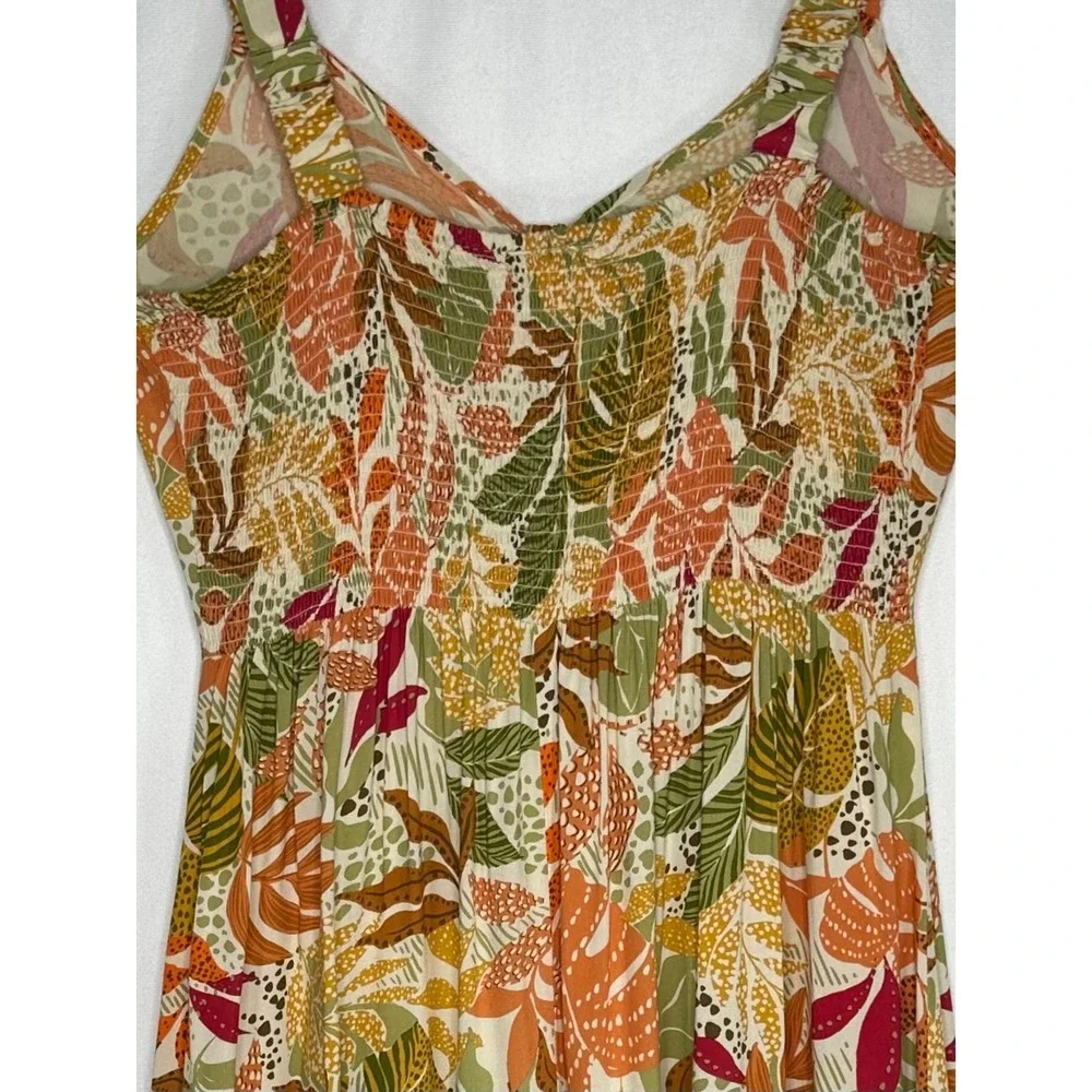 Goa Beachwear by Japna Tropical Leaf Print Smocked Midi Dress‎ XL Orange Green